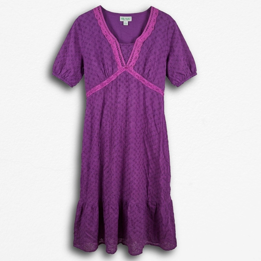 Ulla Popken Purple Eyelet Cotton Midi Dress Lace Trim A-Line 82212 Womens M